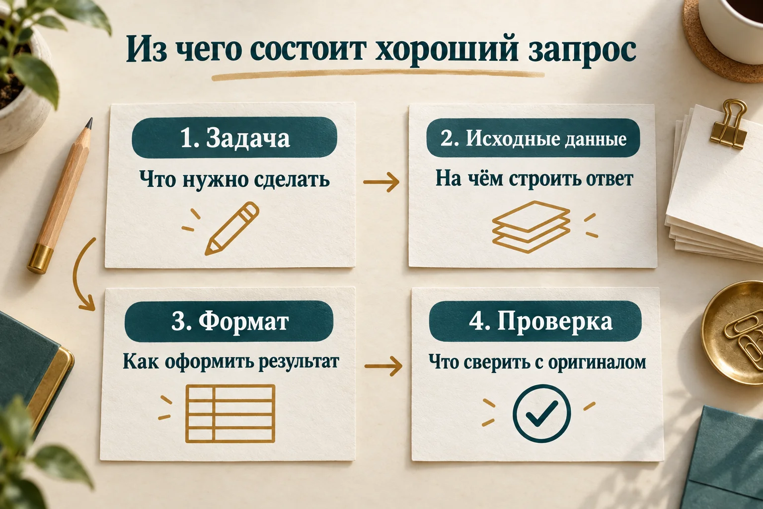 Четыре части запроса: задача, исходные данные, формат результата и проверка по оригиналу