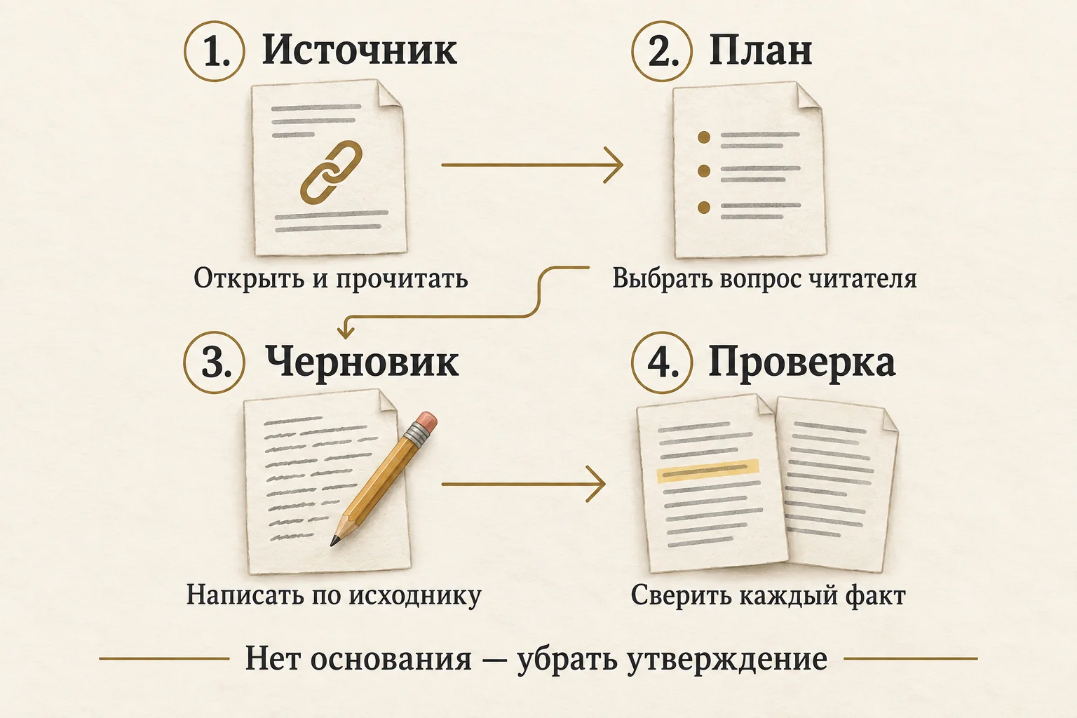 Четыре этапа подготовки статьи: прочитать источник, составить план, написать черновик и сверить каждый факт